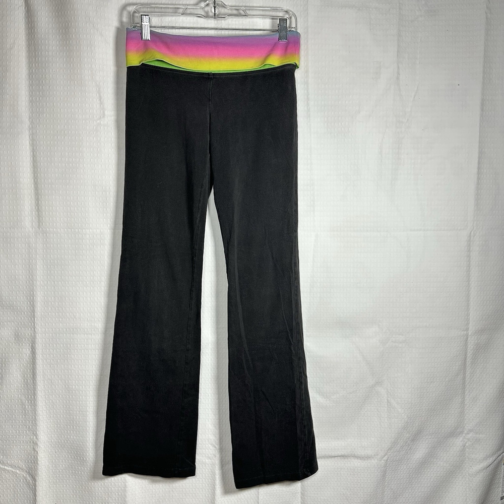 Victoria's Secret PINK Flare Yoga Pants M Rainbow Foldover Rhinestone Black